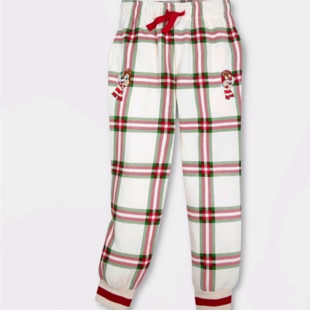Disney White Plaid Pajama Pants with Red & Green Trim